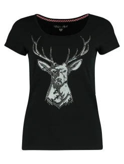 Zillertaler Trachtenwelt Shirts-Damen T-Shirt "Hirsch", mit Glitzer Schwarz